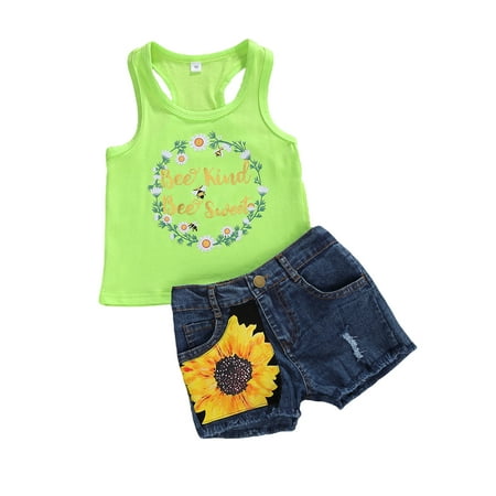 

Wayren USA Toddler Baby Girl Sunshine Floral T-Shirt Tank Tops Sunflower Denim Shorts Jeans Outfits Sunsuit