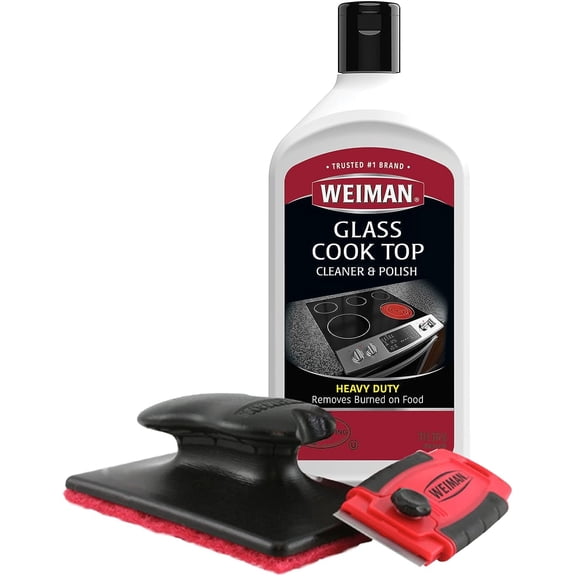 Glass Cooktop Cleaner Kit - Remove Burned on Food, Grease & Grime and Polish Stovetop, Ceramic & Induction, Seak Free, Cleaning Supplies, 20 Oz, Scrubbing Pad, Razor Scraper