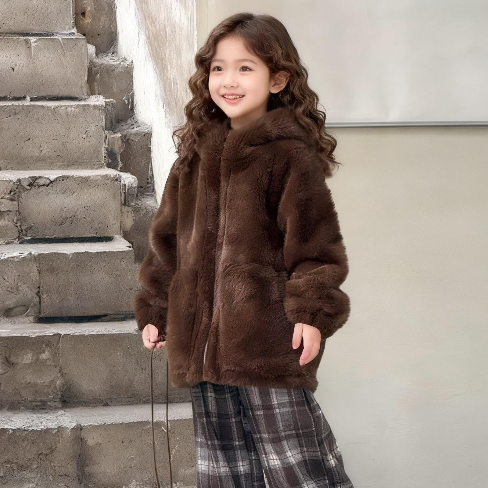 AINIYS Kids' Faux Fur Jacket with Stand Collar Zipper Closure