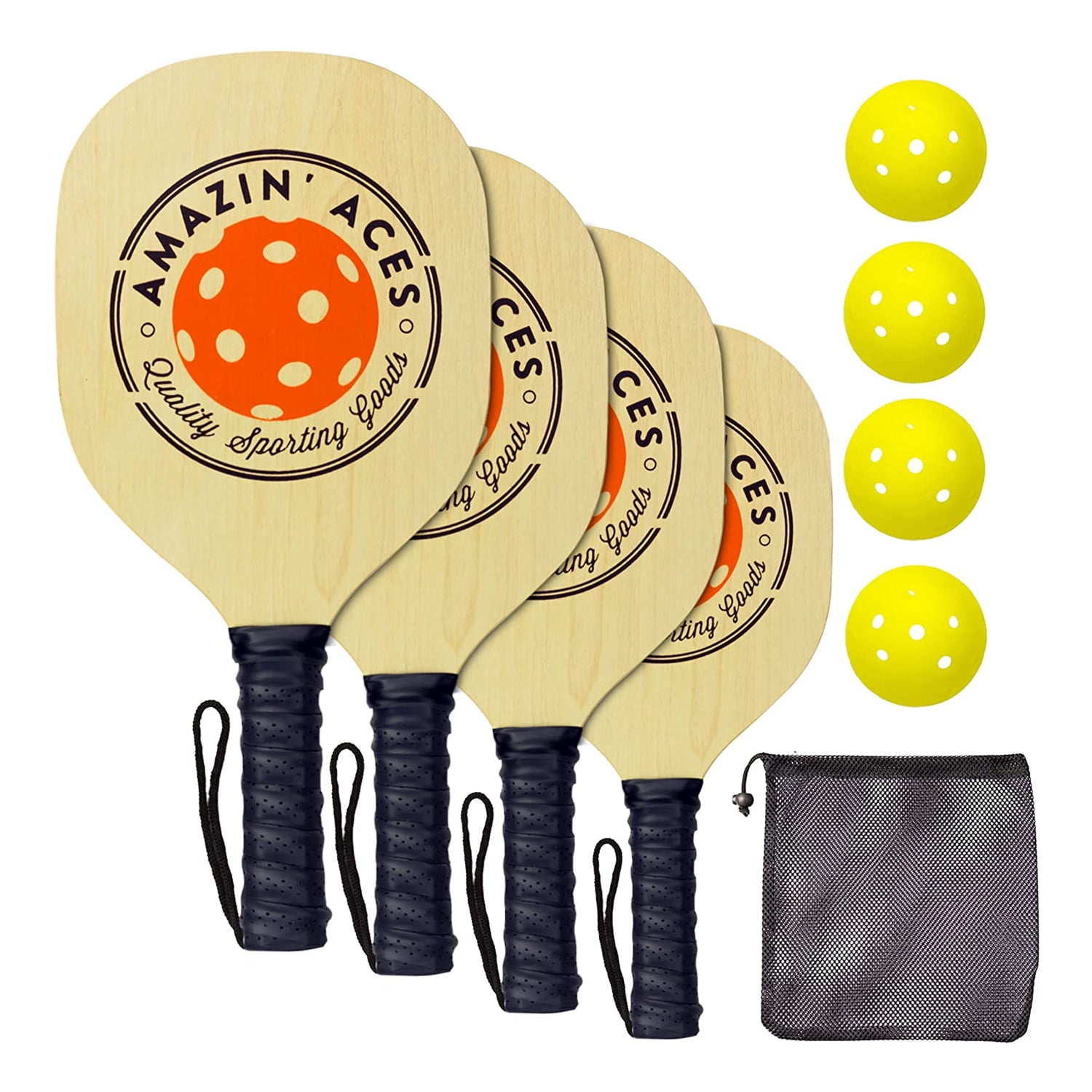 Amazin Aces Wood Pickleball Set with 4 Wooden Paddles, 4 Balls, and Carry Bag