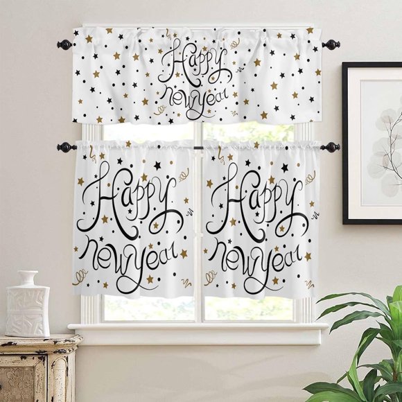 Ensemble de Rideaux et Cantonnières de Cuisine, Texte Bonne Année Motif Étoile Mot Noir Blanc Court Poche pour Tringle Ensemble de Rideaux de Fenêtre 3 Pcs pour Chambre, Salle de Bain, 24 Pouces de Long