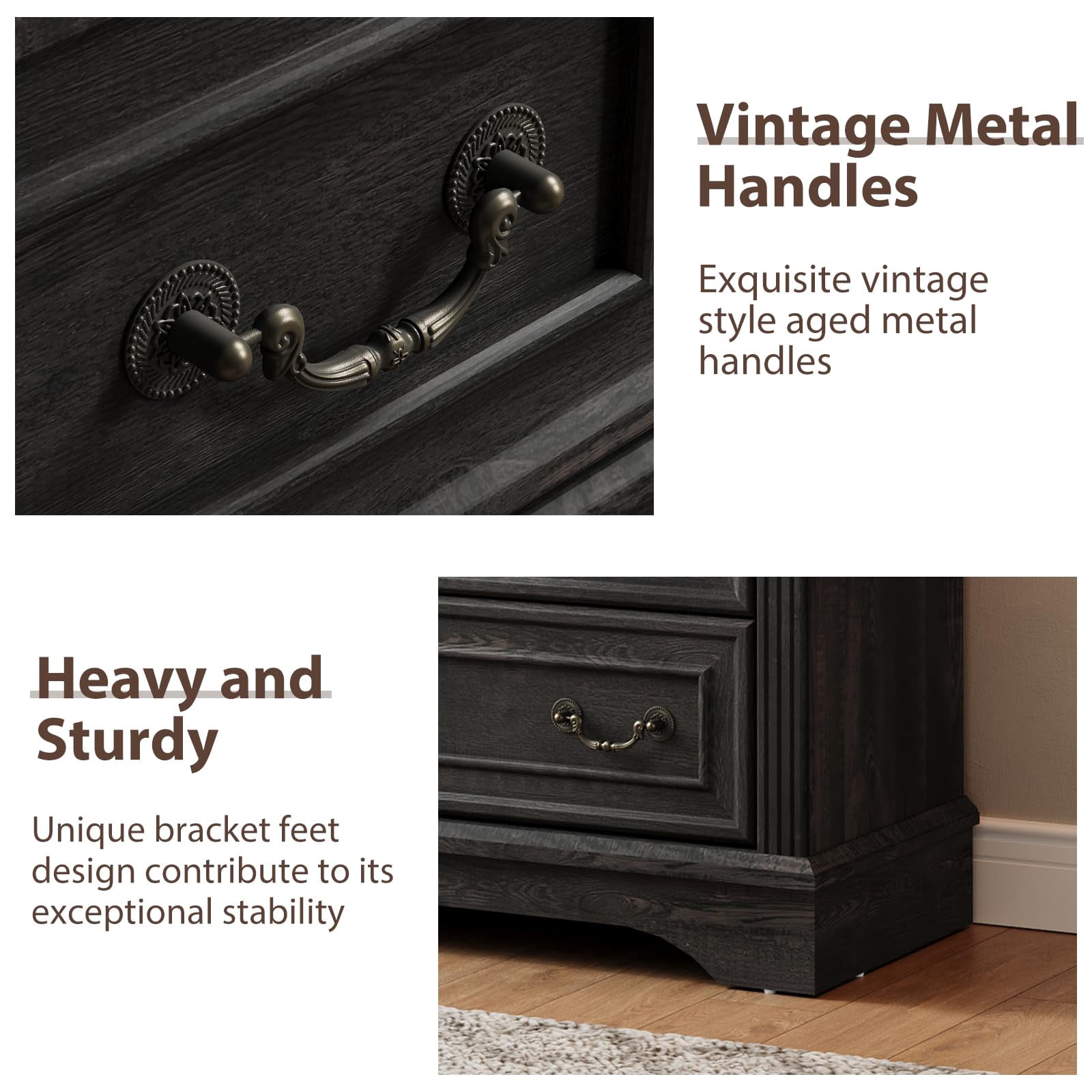 BOSHIRO 6-Drawer Carved Dresser for Bedroom, Tall Farmhouse Storage Chest with Antique Brass Handles, Black Finish