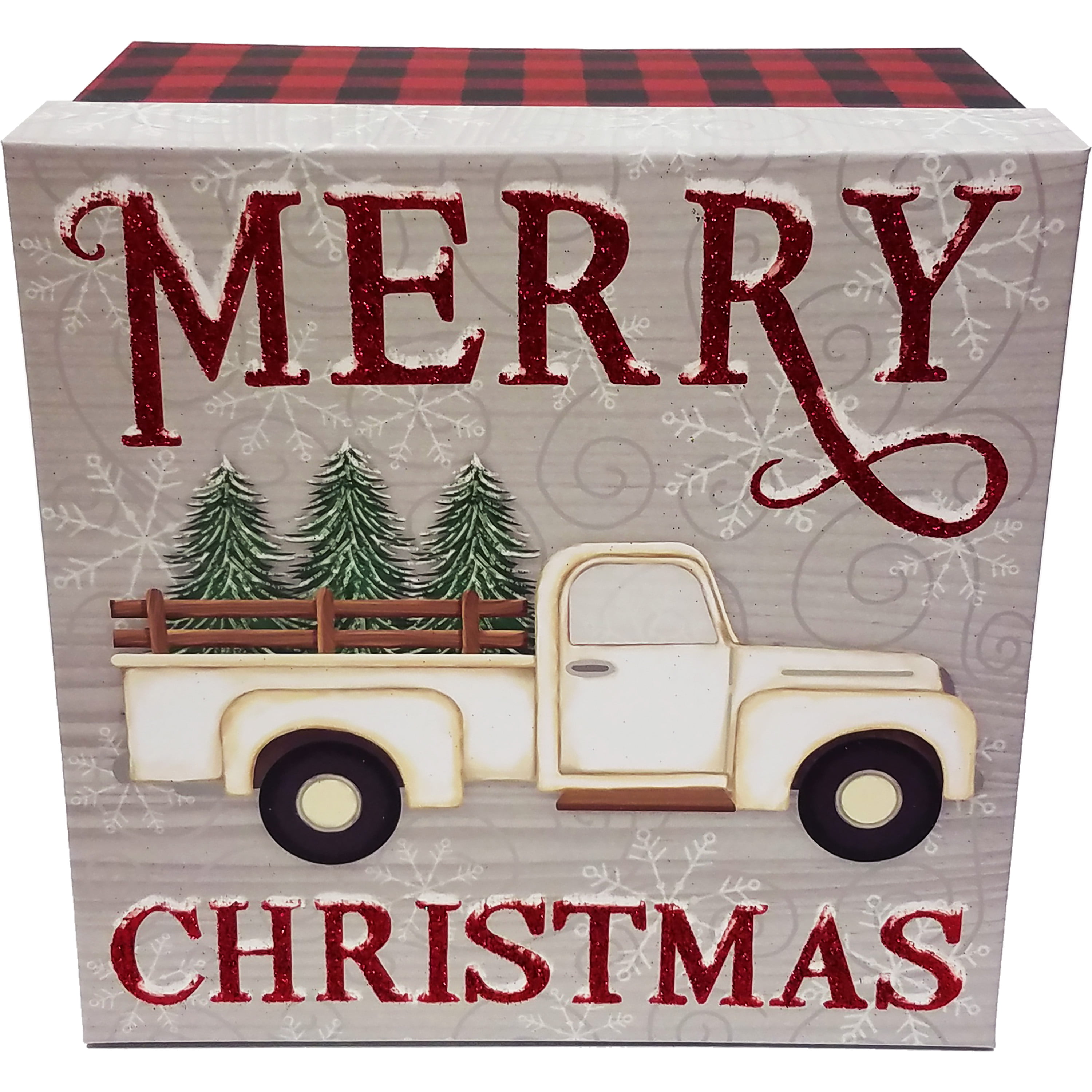 Holiday Time Square Red Glitter and Plaid Merry Christmas Gift Box, Truck, 10" x 10" x 6"