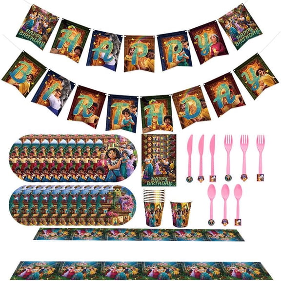 Encanto birthday Party Supplies Kit - for Princess Birthday Decorations, Includes Dinner & Dessert Plates, Napkins, Cups, Banner and Tablecloth