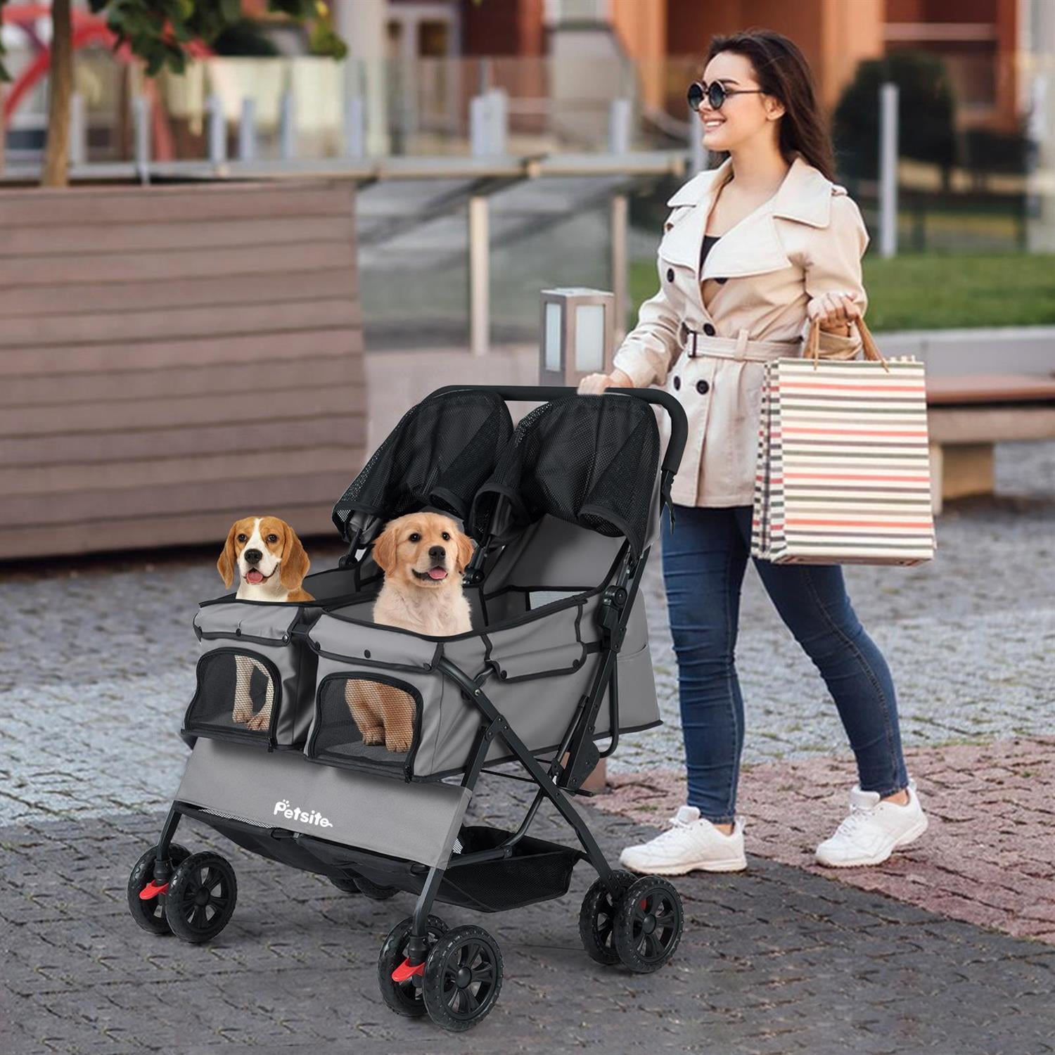 Pefilos Foldable Double Pet Stroller, Adjustable Sunshade & Storage Basket, Rustproof Aluminum Frame, Gray