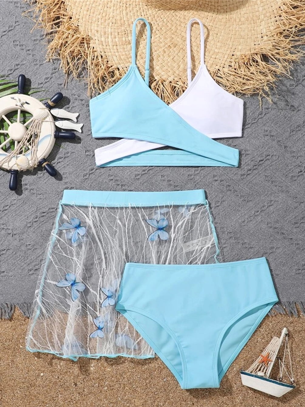 WIBACKER Fairy Girl's 3 Pieces Bikini Set Wrap Criss Cross