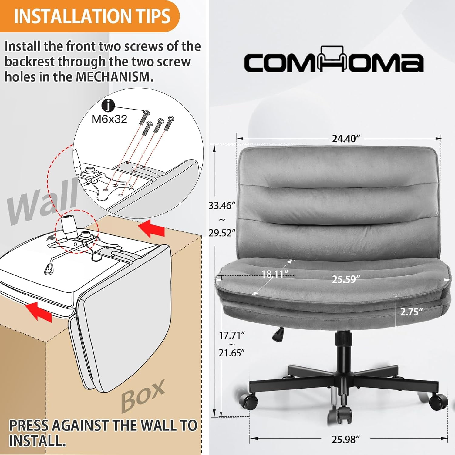 COMHOMA Armless Office Desk Chair with Wheels, Fabric Padded Cross Legged Office Chair, Modern Swivel Vanity Chair Height Adjustable Wide Seat Computer Task Chair, Gray