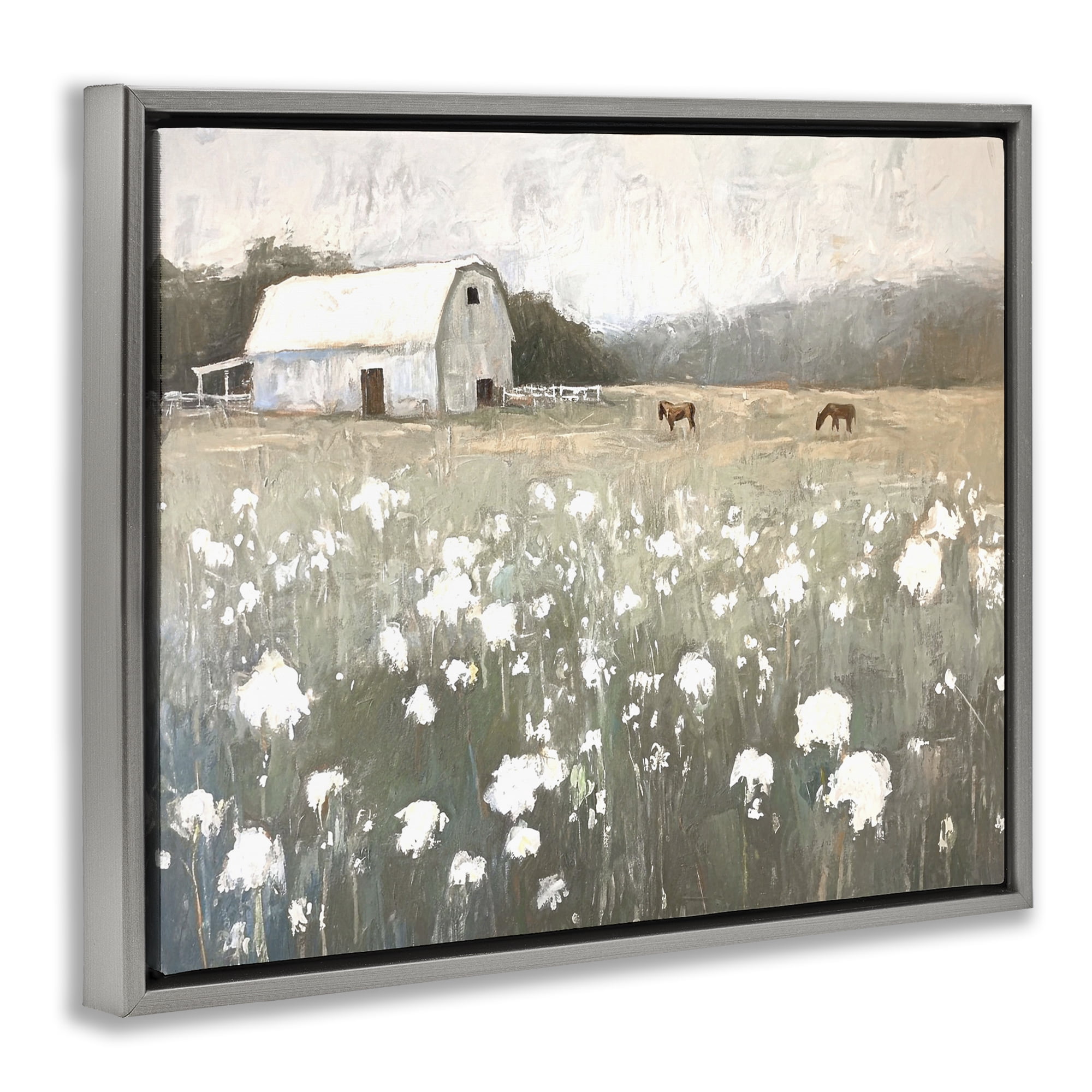 Stupell Industries Peaceful Horse Pasture Landscape Painting Gray Floater Framed Canvas Art Print Wall Art, 21 x 17