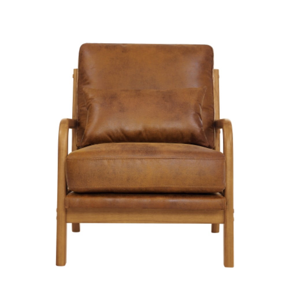 Wooden Lounge Chair, Modern Upholstered Accent Chair with Solid Wood Armrests, High-Density Foam Cushion, Reclined Backrest for Living Room, Bedroom & Office, Light Brown