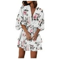 thumbnail image 2 of Women‘s Floral Print Mini Dress Pleated V Neck Drawstring Elastic Waist Ruffle Layered Mini Dress, 2 of 5
