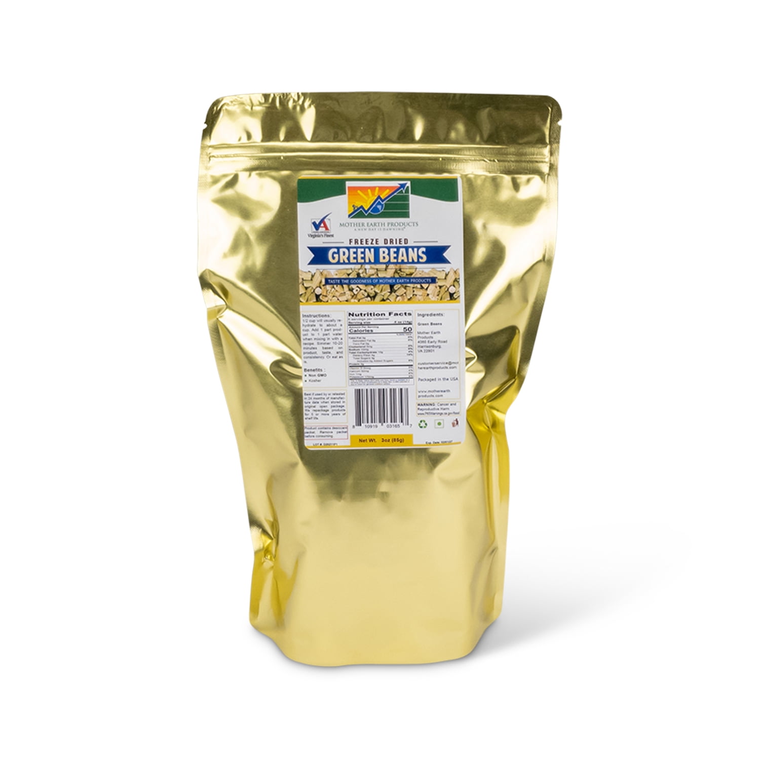Freeze Dried Green Beans, Emergency Food, 1 Qt Mylar Bag