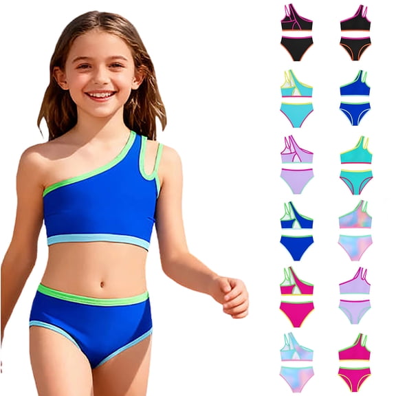 Girls Two Piece One Shoulder Swimsuit with Chest Pad Adjustable Straps Color Bikini for Swimming Beach and Pool Activities