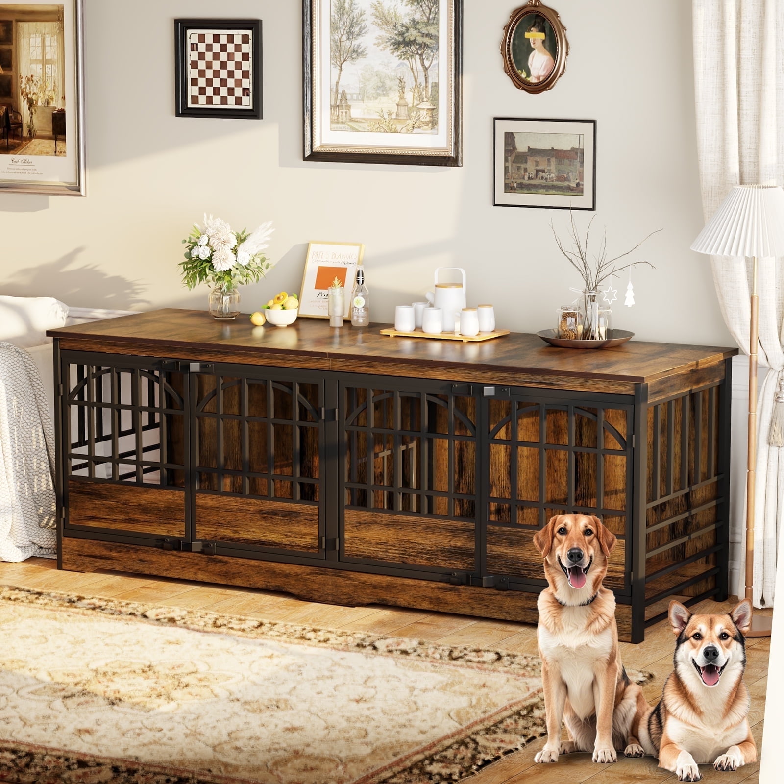 Bel Ark 86 inch Double Dog Crate Furniture for 2 Large Dogs Heavy Duty Double Dog Crates Furniture Indoor as TV Stand, Large Brown