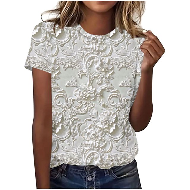 Hauts d'Été pour Femmes DYTTDG Mode Féminine T-shirt Floral Grande Taille Col Rond Manches Courtes Décontracté Ample Haut Femmes Liquidation Moins de 10 Multicolore,P