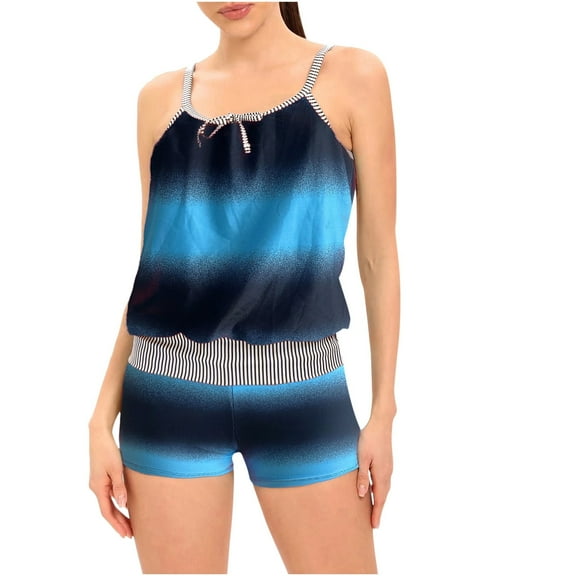 WREESH Womens Two Piece Swimsuit Tankini with Chest Pad Without Underwire Print Patchwork Swimming Trunks Split Swimsuit Beach Bathing Suit Blue