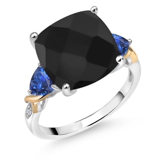Gem Stone King 925 Silver and 10K Yellow Black Onyx and Blue Created Sapphire and Diamond Ring for Women (6.59 Cttw, 12MM Cushion and 5mm Trillion) (Size 6)