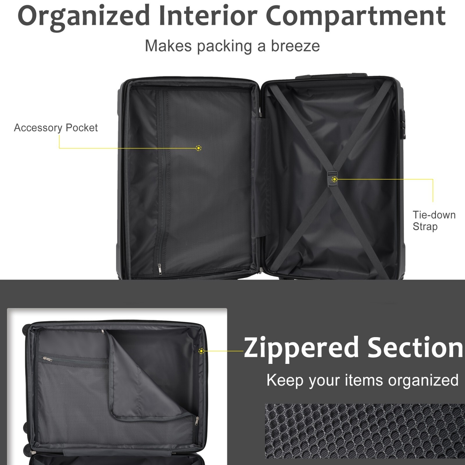 EUROCO 24" Hardshell Checked Luggage, ABS Expandable Suitcase with TSA Lock and Double Spinner Wheels,Lightweight Durable luggage,Black