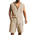 thumbnail image 3 of Migroa Mens 2 Piece Linen Set Outfits Sleeveless Hoodies And Drawstring Casual Track Shorts Set Beach Tank T Shirts Solid Sets Khaki M, 3 of 8