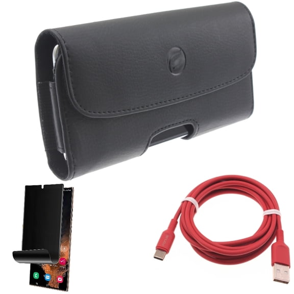 Case Belt Clip & 6ft USB-C Cable & Privacy Screen Protector for Samsung Galaxy S22 Ultra (6.8") - Combo Leather Holster Cover & Red Charger Cord Power & TPU Film (Fingerprint) Anti-Peep