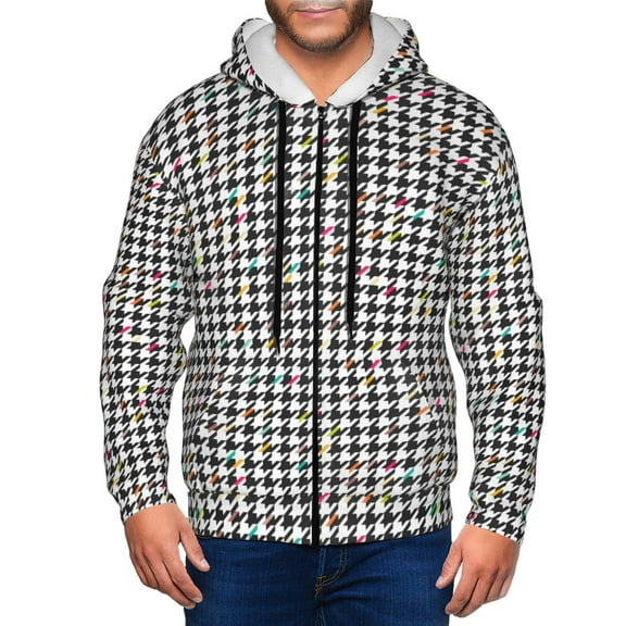 Zip Up Hoodies for Men - Black And White Houndstooth Long Sleeve Comfrt Men'S Fashion Hoodies & Sweatshirts, Jackets for Men Hoodies Pullover Clothing Clothes with Pouch