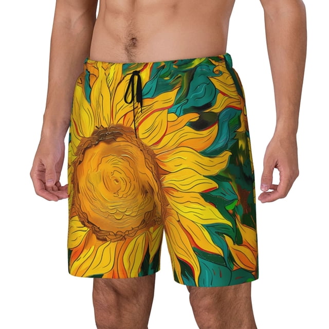 Balery Vibrant Sunflower Painting Bañador para hombre, shorts de playa de secado rápido con entrepierna y forro de compresión-Medium