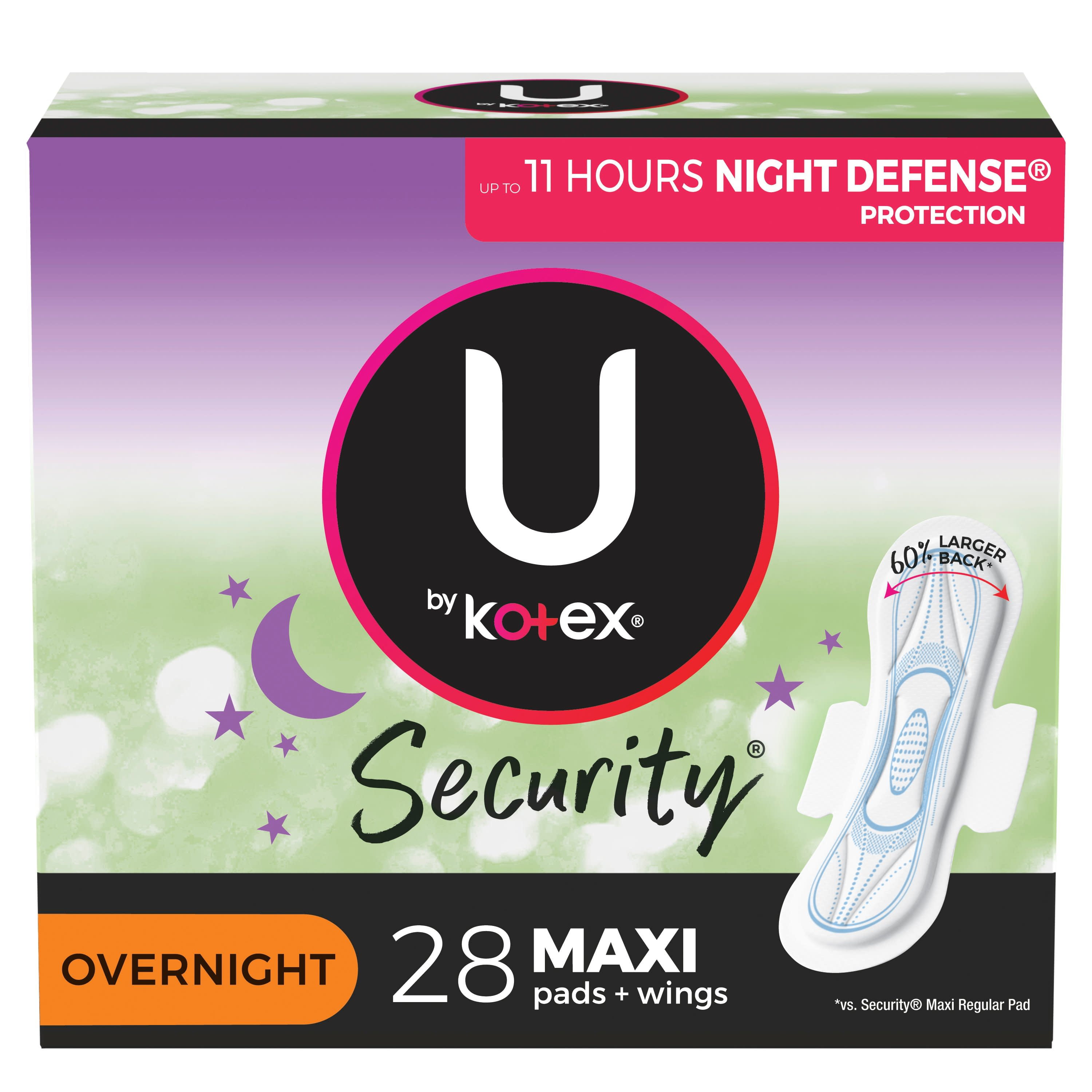 U by Kotex Security Maxi Feminine Pads with Wings, Overnight Absorbency, Unscented, 28 Count