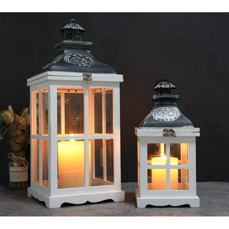JHY design Set of 2 White Wood Decorative Candle Lanterns 21.5&14 High  Metal Lanterns for