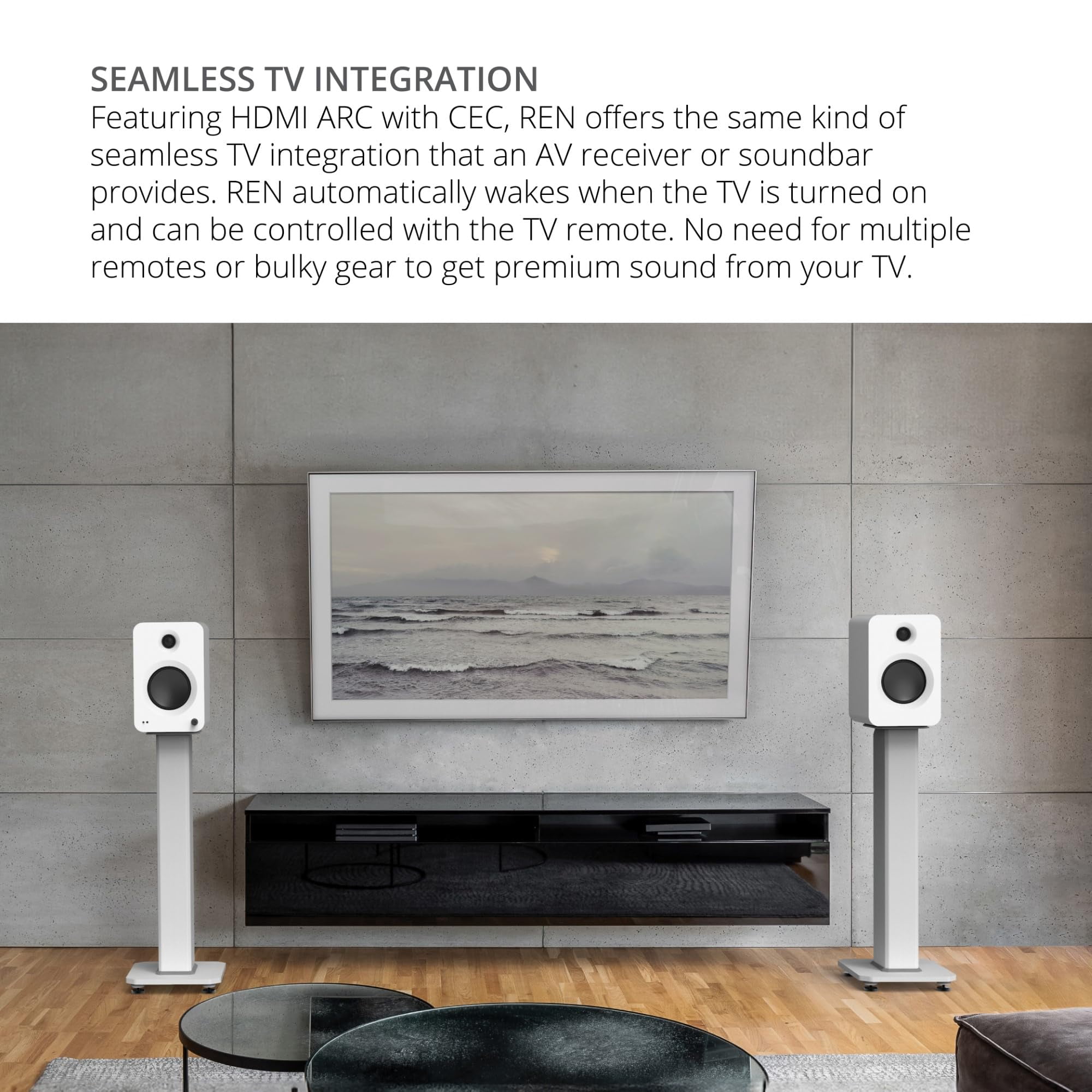 Kanto REN MW Bluetooth Powered Bookshelf Speakers - Matte White Pair with a Kanto SUB8VMB Sealed Powered 8" Subwoofer - Vinyl Black (2024)