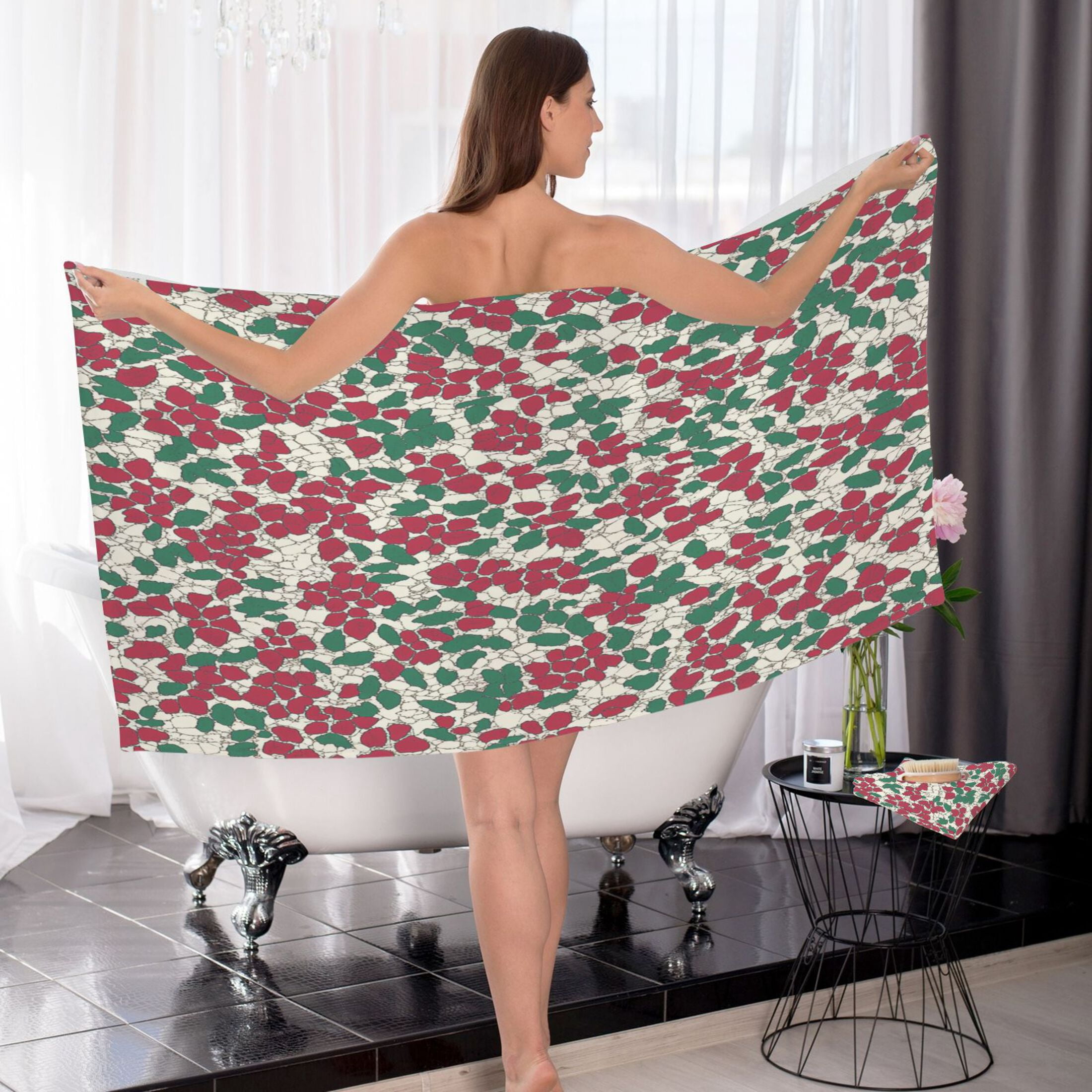 Rustic Rose Pattern 2 Piece Cotton Bath and Face Towel Set Soft and Absorbent, for Beach Pool Bathroom
