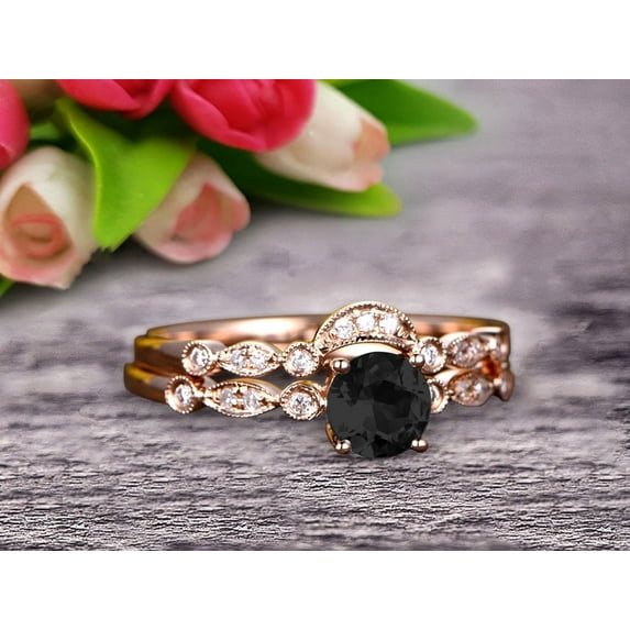 Classic 10k Rose Gold 2 Carat Round Cut Black Diamond Moissanite Engagement Ring With Matching Wedding Band Anniversary Gift Art Deco