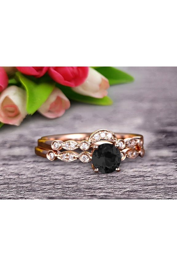 Classic 10k Rose Gold 2 Carat Round Cut Black Diamond Moissanite Engagement Ring With Matching Wedding Band Anniversary Gift Art Deco