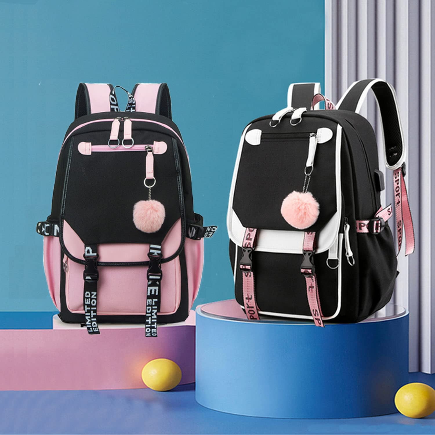 Hascupxs Black Casual Pink Student Backpack Set Daypack Lightweight Girls Laptop Backpack with Insulated Lunch Box School Bookbags for Fans Gifts