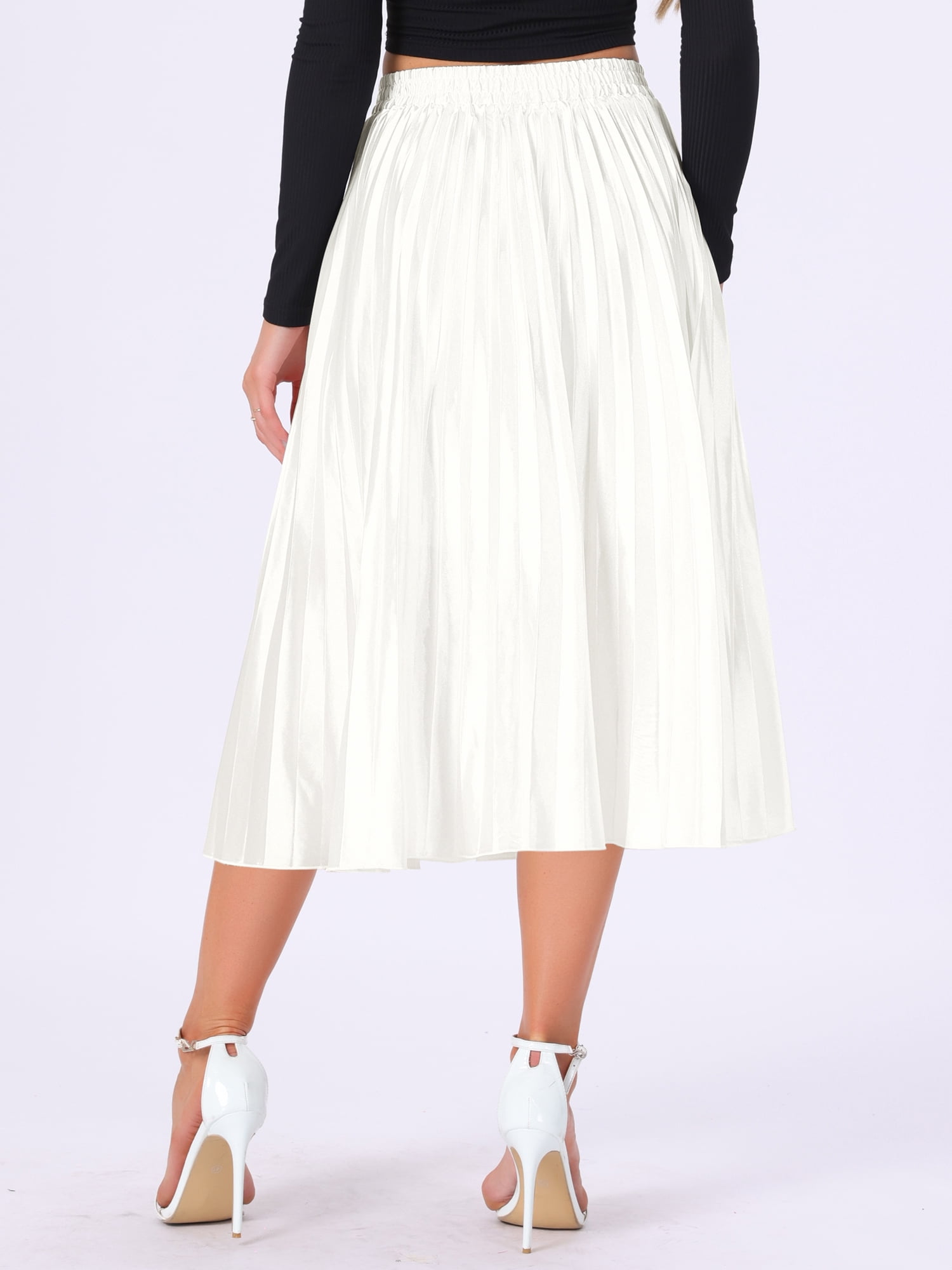 DARING DIVA Women's Midi Length Elastic High Waisted Pleated Skirt M White