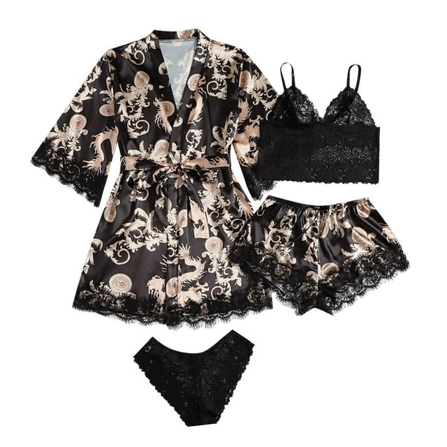 Birdeem Women Plus Size Sexy Lingerie Silk Robe Satin Bathrobe Four-Piece Set Sleepwear Pajamas