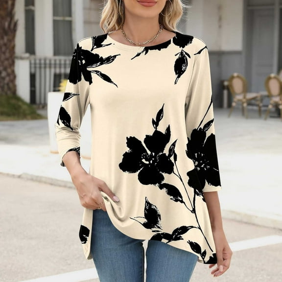 Njagoc3 Womens Floral Print Asymmetric Hem Top, Soft Rayon Blend, 3/4 Sleeves, Summer Garden Trips, Casual Outings & Beach Days