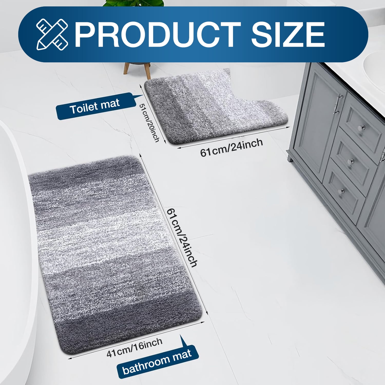 Evlmd Bathroom Rugs Sets 2 Piece, Soft Absorbent Microfiber Bath Rug Set, Non-Slip, Machine Wash Dry, Plush Shaggy Bath Mats for Bathroom (24"x16"+U-24"x20", Grey)