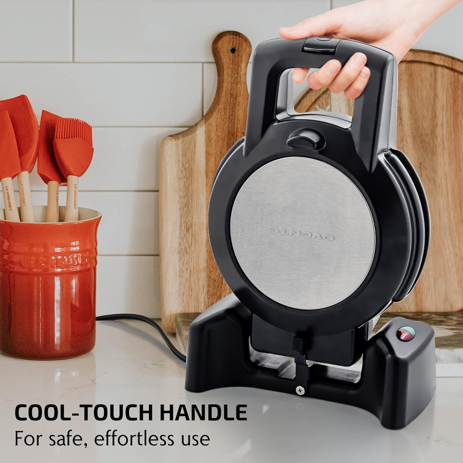OVENTE Belgian Waffle Maker with Non-Stick Plates, 180° Rotating Function and Cool Touch Handle for Easy Single Flip, Perfect for Cooking 7” Classic Waffles for Breakfast or Snacks, Black WMF1440BR