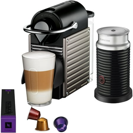 Nespresso Pixie Single-Serve Espresso Machine in Titanium and Aeroccino Milk Frother in Black by
