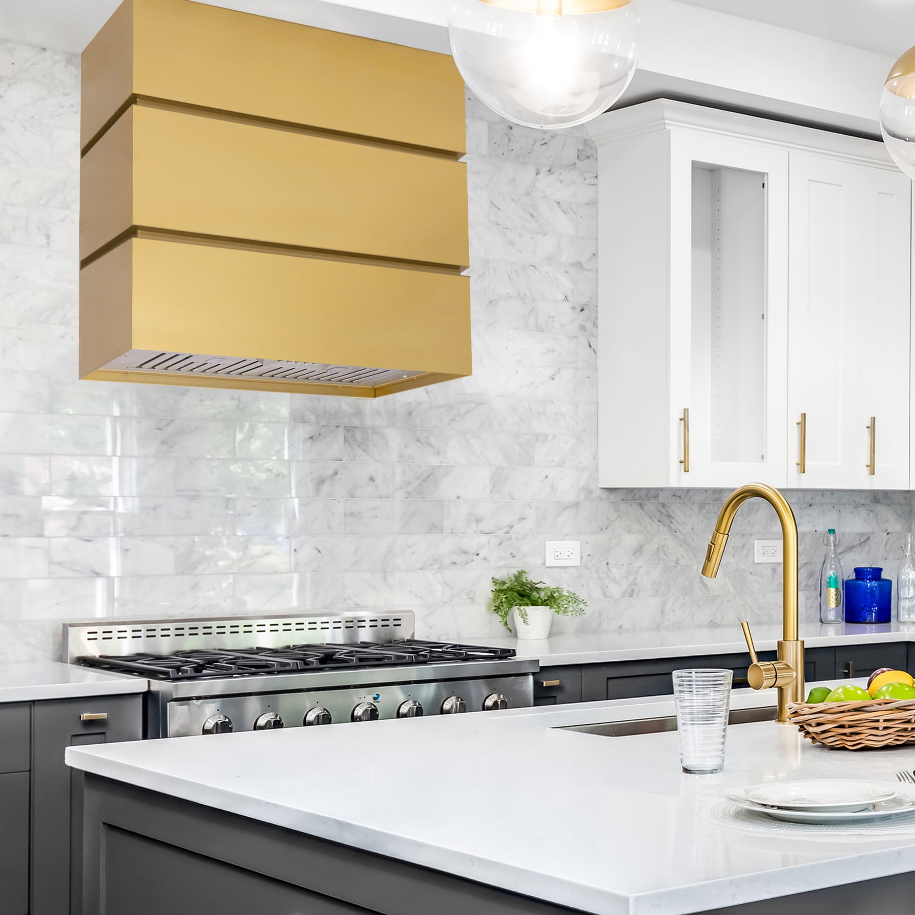 Akicon 36" Stainless Steel Range Hood, Modern Box Ducted Kitchen Hood with Powerful Vent Motor, Wall Mount, 36"W * 30"H*14"D, Brushed Gold