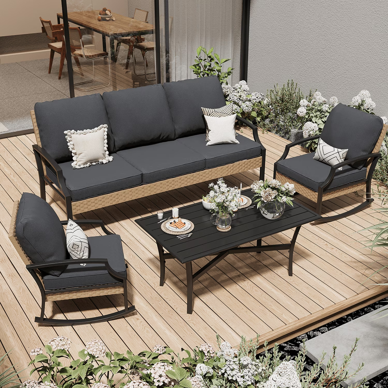 JFHID Outdoor Patio Furniture Sets on sale,4 PCS Conversation Bistro Sets with Rocking Chair & Coffee Table (Dark Grey)
