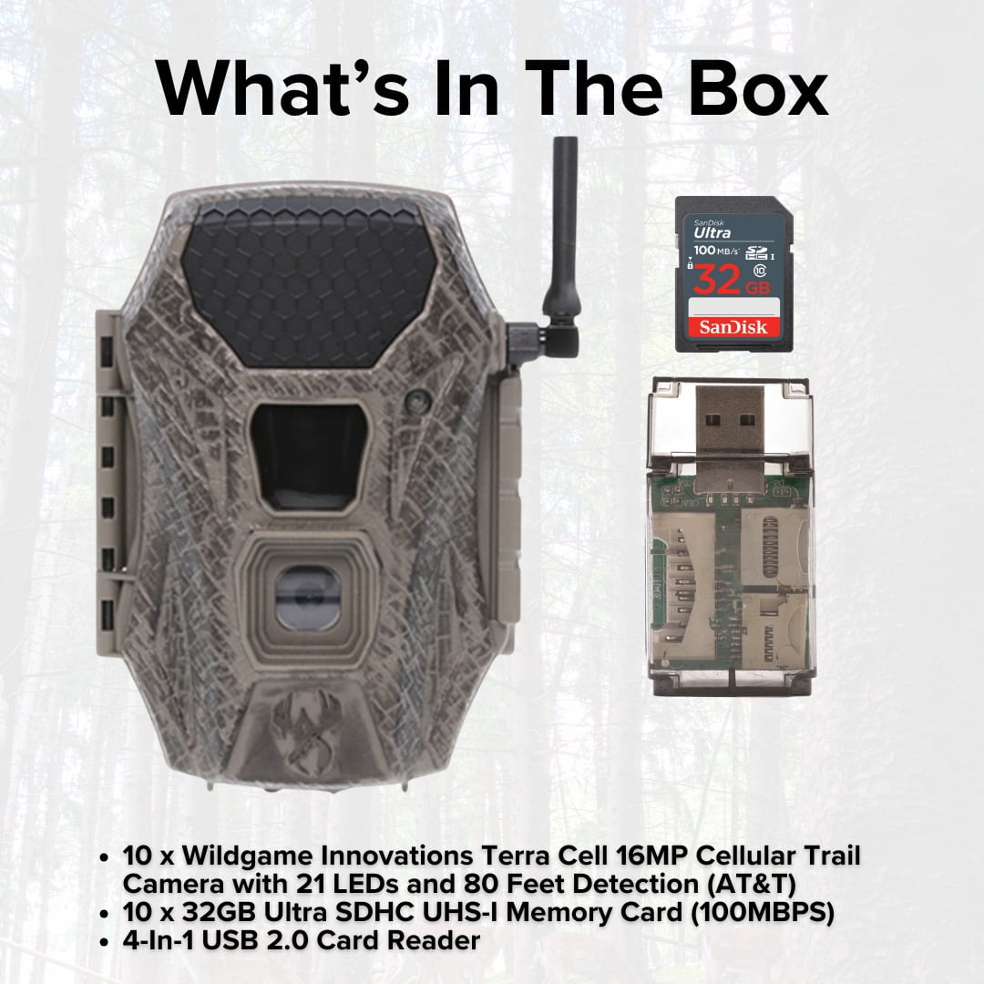 Wildgame Innovations Terra Cell 16MP Cellular Trail Camera (10-Pack) Bundle with 32GB Ultra SDHC UHS-I Memory Card (10-Pack) and USB Card Reader (21 Items)