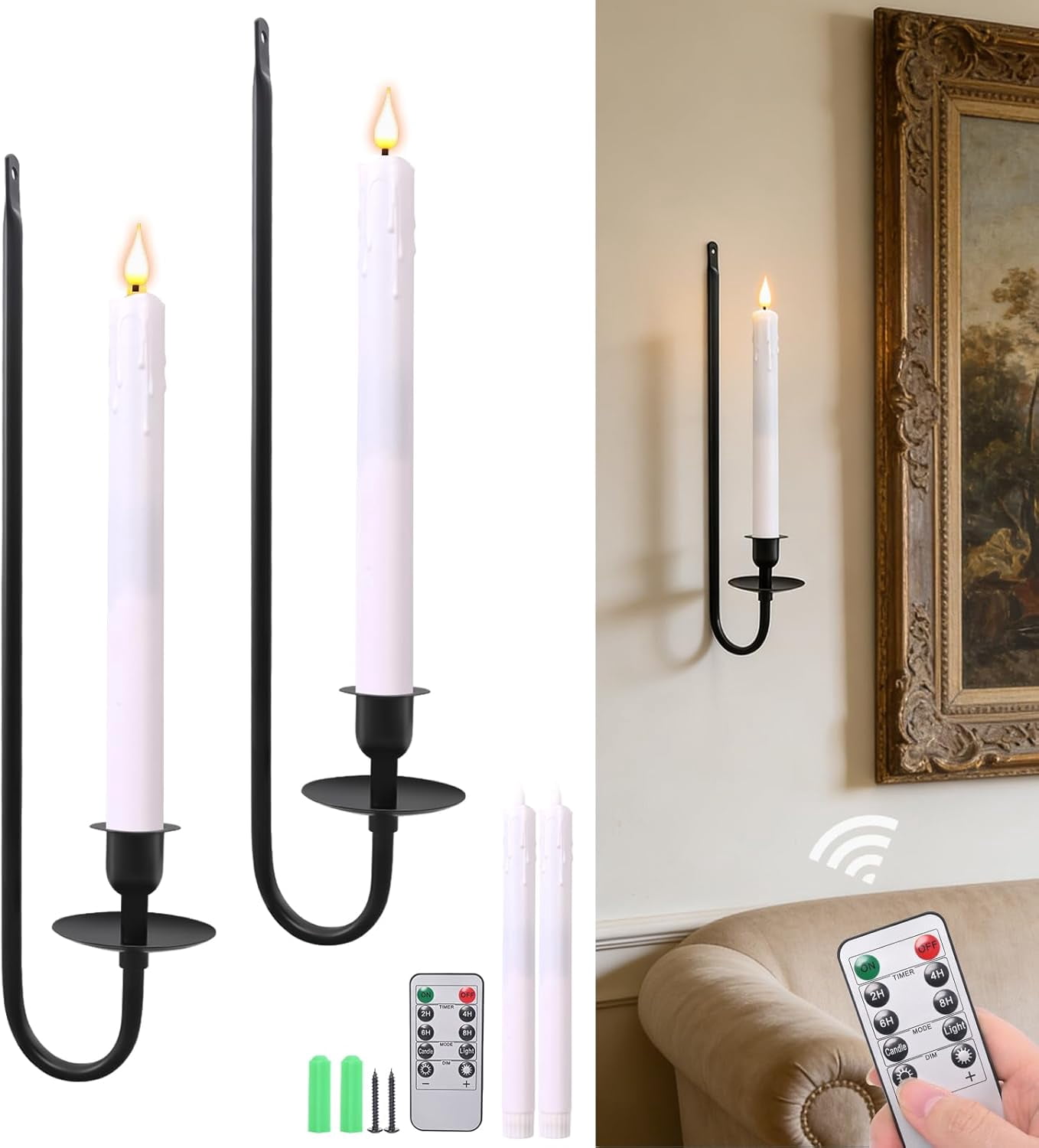 RGHJAR-Candle Wall Sconces Set of 2, Flameless Candles Black Wall Candle Holders with Remote Control, Battery Operated Home Decor for Living Room, Fireplace, Dining Room, Entryway, Stair Corner