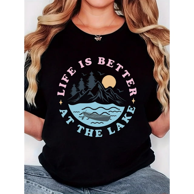 T-shirt pour Femmes, "la Vie Est Meilleure au Lac" Imprimé, Mode Minimaliste Rétro, Col Rond, Confort Décontracté, T-shirt à Manches Courtes de Sport