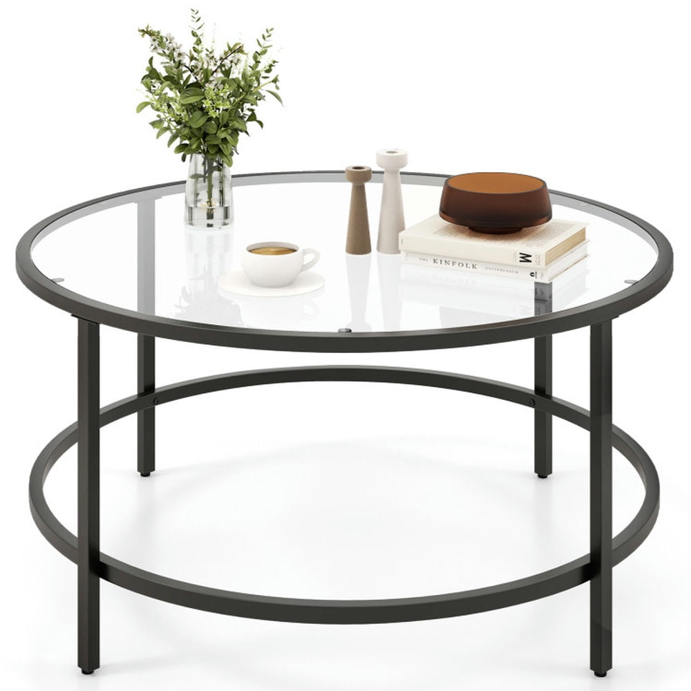 Finihen Coffee Table, Tempered Glass Coffee Table, 36 Inch Round Coffee Table with Tempered Glass Tabletop, for Living Room, Reception Room, Black Finihen Coffee Table, Tempered Glass Coffee Table, 36 Inch Round Coffee Table with Tempered Glass Tabletop, for Living Room, Reception Room, Black