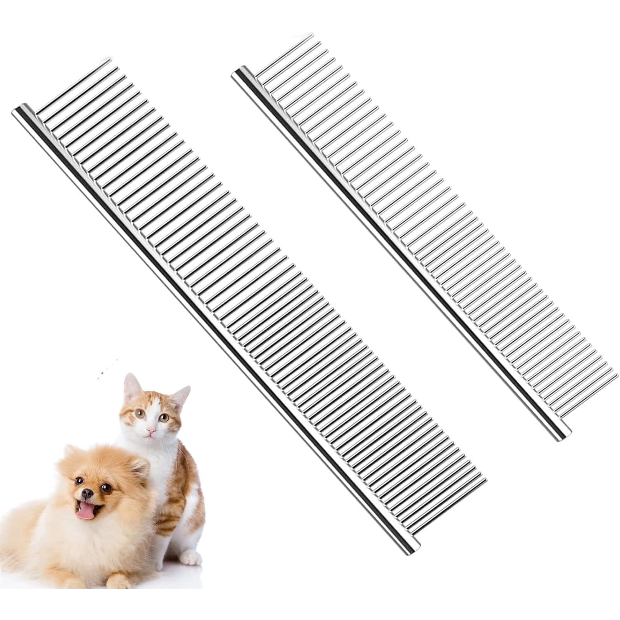 Siloon 2 Pack Dog Combs with Rounded Ends Stainless Steel Teeth, Cat Comb for Removing Tangles and Knots, Professional Grooming Tool for Long and Short Haired Dog, Cat and other pets, 7.5IN/6.3IN