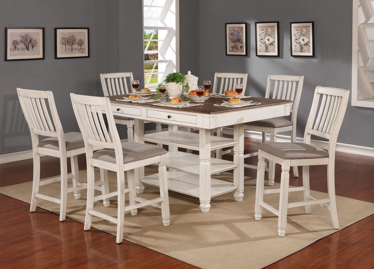 Topline Home Furnishings Antique White Counter-height 7pc Dining Set