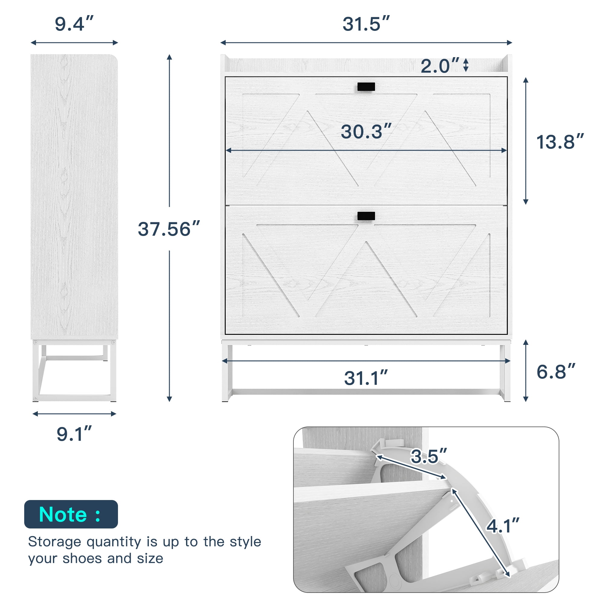Demi Bonn Shoe Storage Cabinet with 2 Flip Drawers, Freestanding Organizer with Metal Legs for Entryway, Narrow Shoe Rack Cabinet, White
