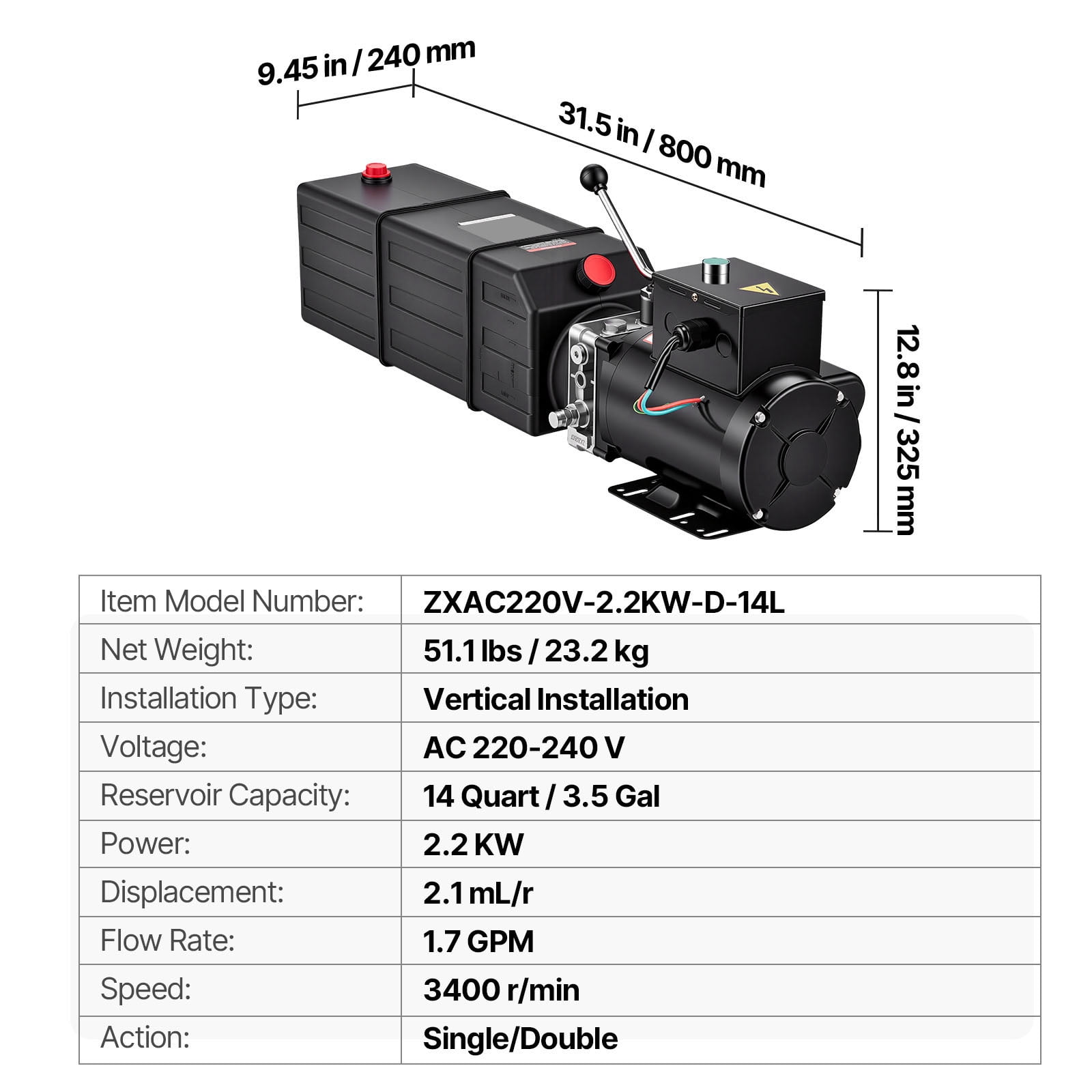 KFFKFF 14 Quart Hydraulic Pump, 2.2KW Motor for Dump Trailer, Single Acting, 3200 PSI Max Pressure, 1.7 GPM Flow Rate, AC220-240V Power Unit for Car Lift (Vertical Installation)