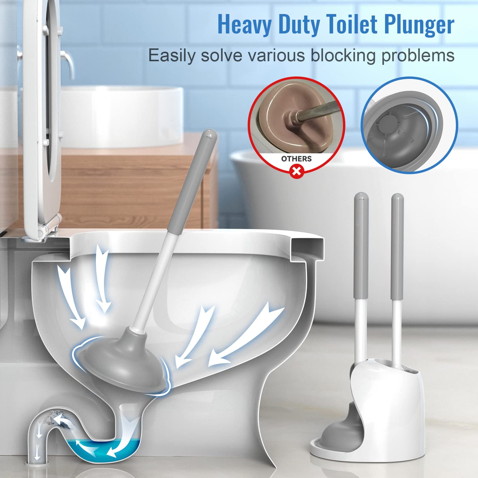 Bthiner Toilet Brush and Plunger Set, 2 in 1 Toilet Bowl Brush Plunger Set  with Holder, Bathroom Accessories Combo with Caddy Stand for Deep Cleaning