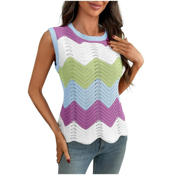 AherBiu Summer Vests for Women Color Blocked Crewneck Knitted Sleeveless Sweater Pullover Tops